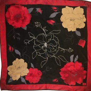 Silk Scarf Anne Klein Vintage 60s 70s Black Red Gold Gray Rose Print Hand Rolled